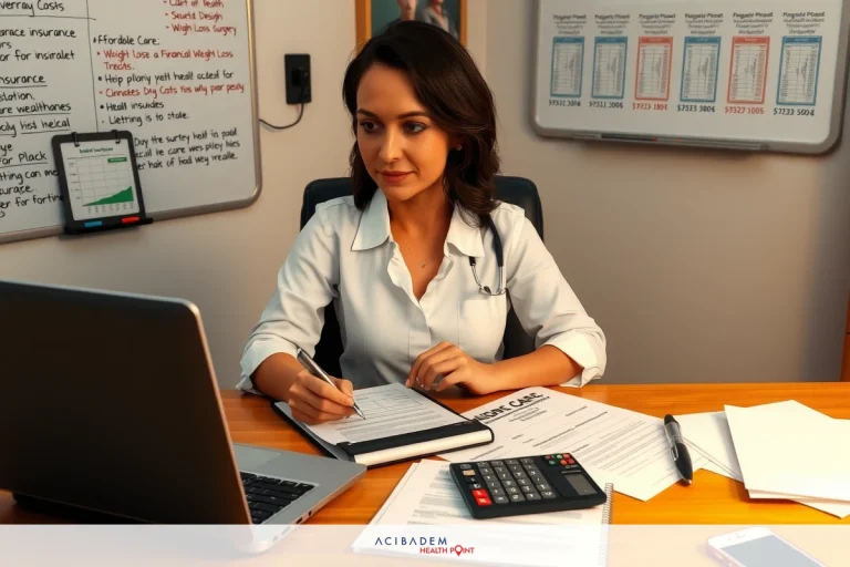 A professional setting featuring a woman at her desk, working on a laptop. She is dressed in business attire and appears to be focused on her tasks. There's paperwork and office supplies scattered around the desk suggesting an active work environment.