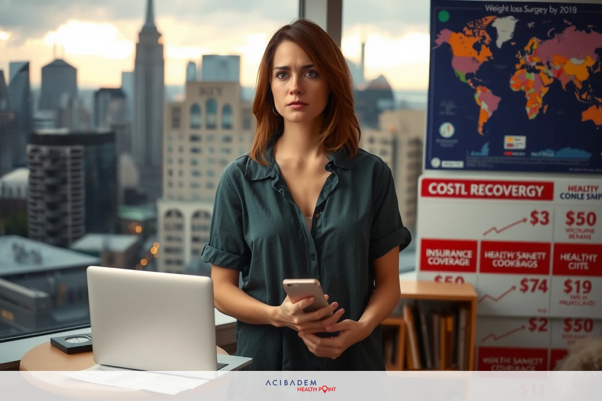 A young professional woman in a business setting looking at her cell phone. She's dressed in a casual work attire, with the city visible through large windows behind her.