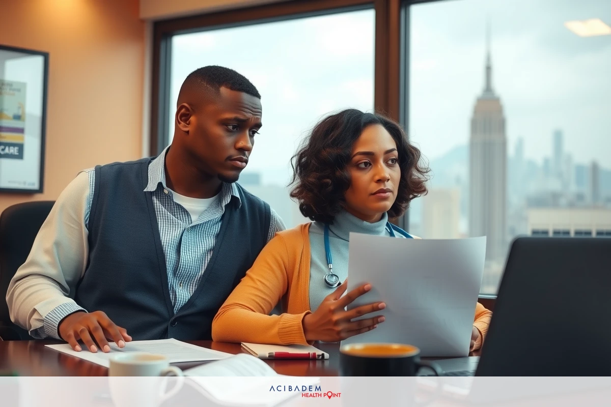 A man and a woman are working at a desk in an office setting. The woman is looking at papers on the desk, while the man has his hands on the desk, seemingly focused on something else. They both appear to be deeply engaged in their work. In the background, there's a view of a city skyline through the office window.