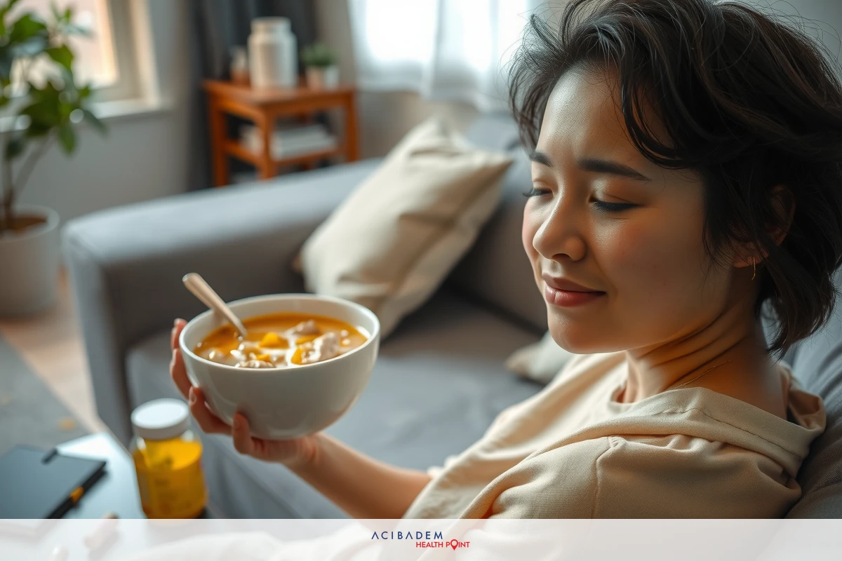 The image shows a woman sitting on a couch, holding a bowl of food. She is smiling and appears to be enjoying the meal. The environment suggests a comfortable indoor setting, possibly a living room. The color palette is warm with earth tones dominating the scene.