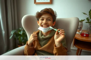 Smiling young person wearing a surgical mask while brushing teeth, sitting in an armchair indoors. The room appears to be a comfortable living space with warm colors.