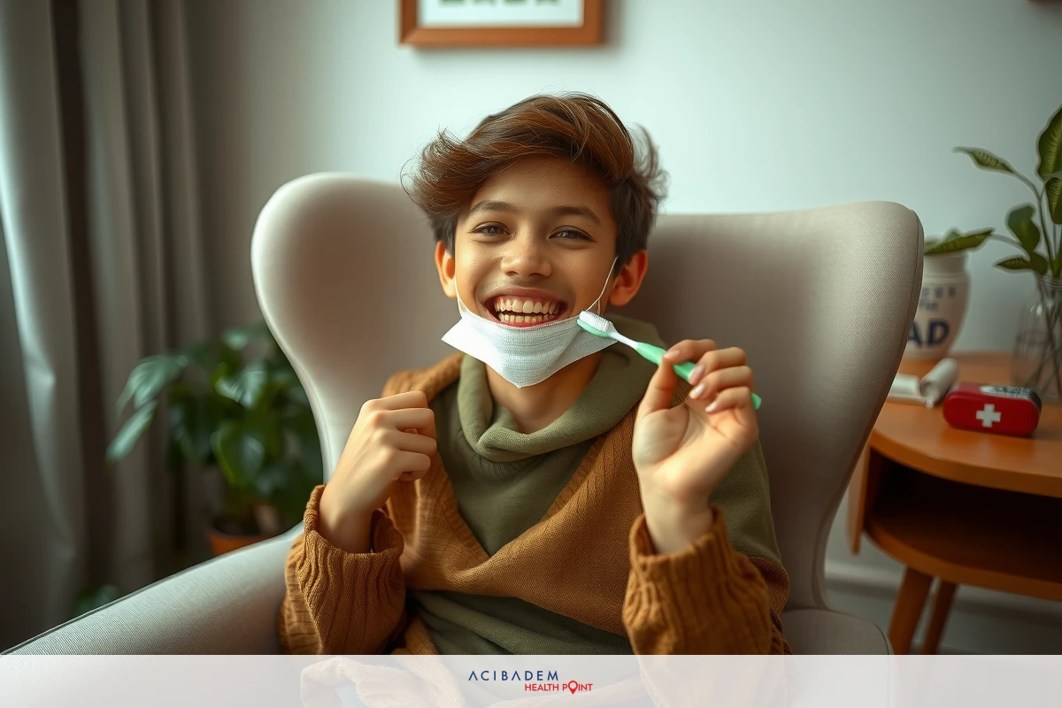 Smiling young person wearing a surgical mask while brushing teeth, sitting in an armchair indoors. The room appears to be a comfortable living space with warm colors.