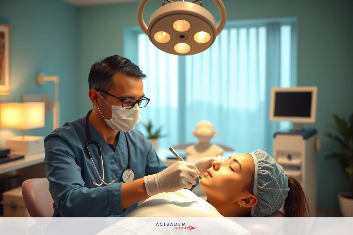 A medical office scene with a woman in chair, an Asian male plastic suregon wearing surgical mask and gloves, using a pair of forceps to inspect nose.
