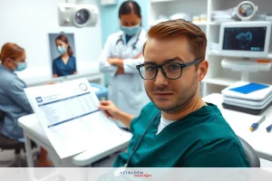 A group of medical professionals in a clean, well-equipped hospital room. A man at the forefront wears glasses and a surgical gown, holding papers. Other medical personnel are present, contributing to a collaborative healthcare environment.