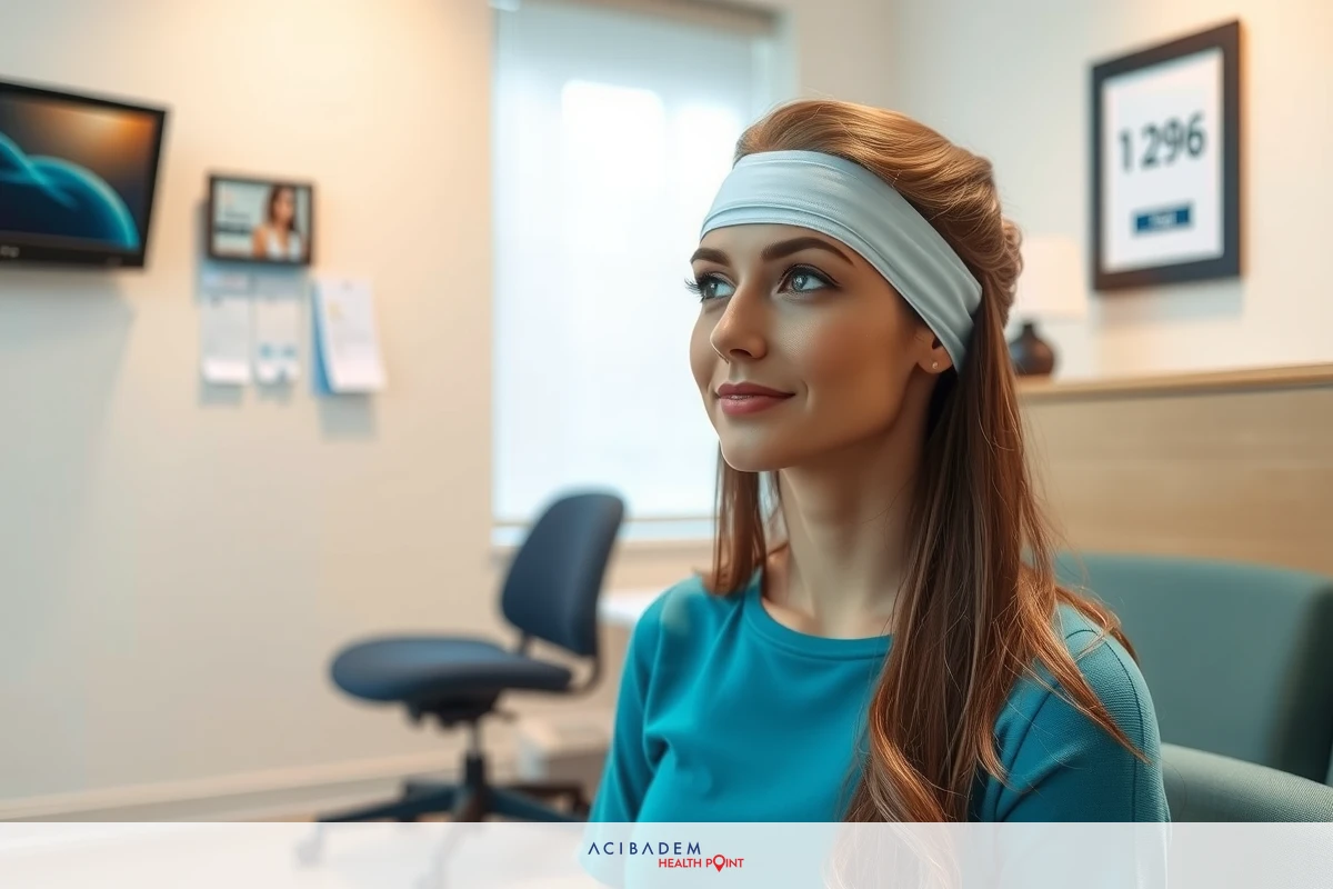 A young woman wearing a headband, seated in a modern office setting. Her expression is thoughtful as she looks to her left, and the room has contemporary decor.