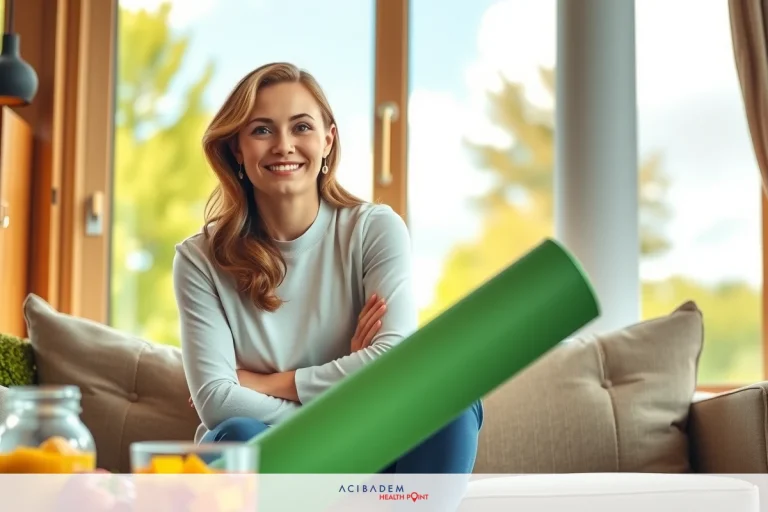 Can Gastric Sleeve Be Done Twice? A woman sitting on a couch smiling at the camera with a yoga mat beside her, in a cozy home environment.