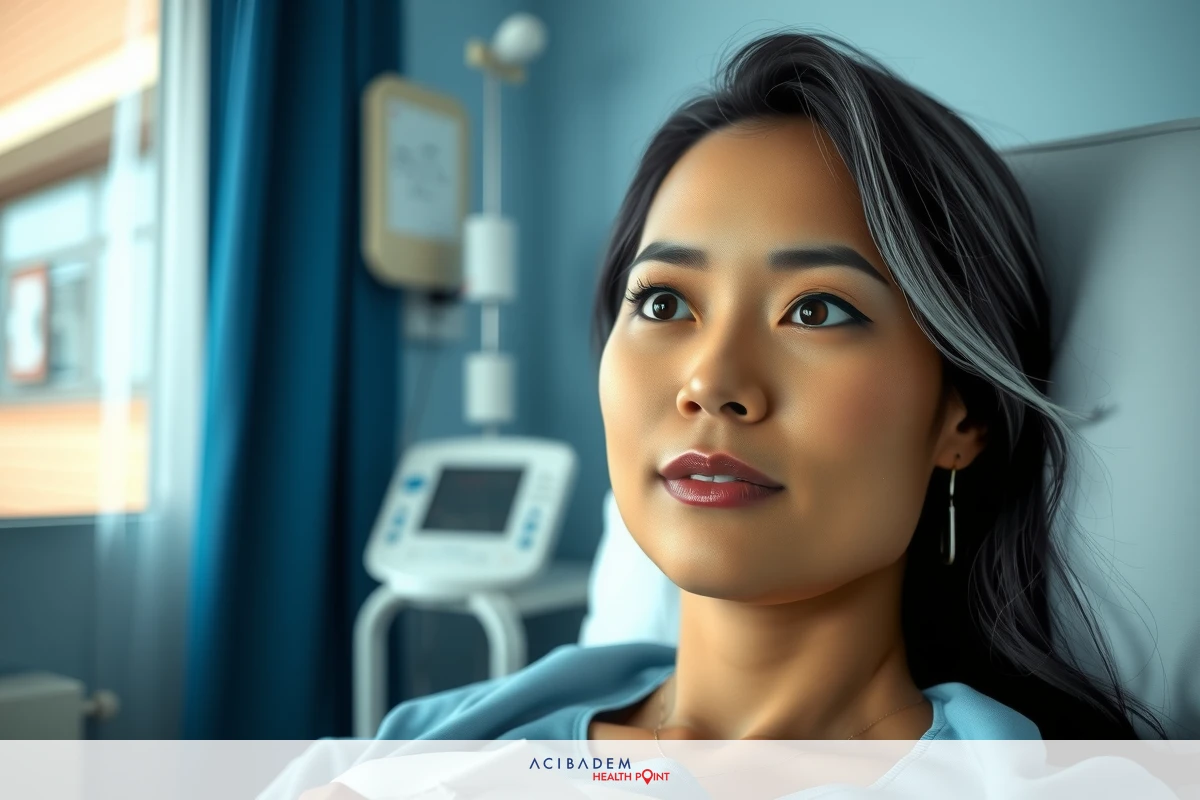 A woman lies in a hospital bed with medical equipment around her, looking towards the camera with concern on her face.