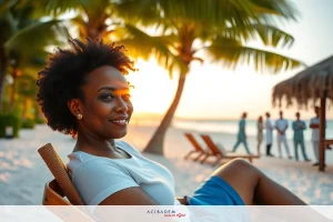 Image of a woman sitting on a beach chair, smiling and relaxing during sunset. Environment is tropical with palm trees in the background and soft colors that evoke a peaceful setting.
