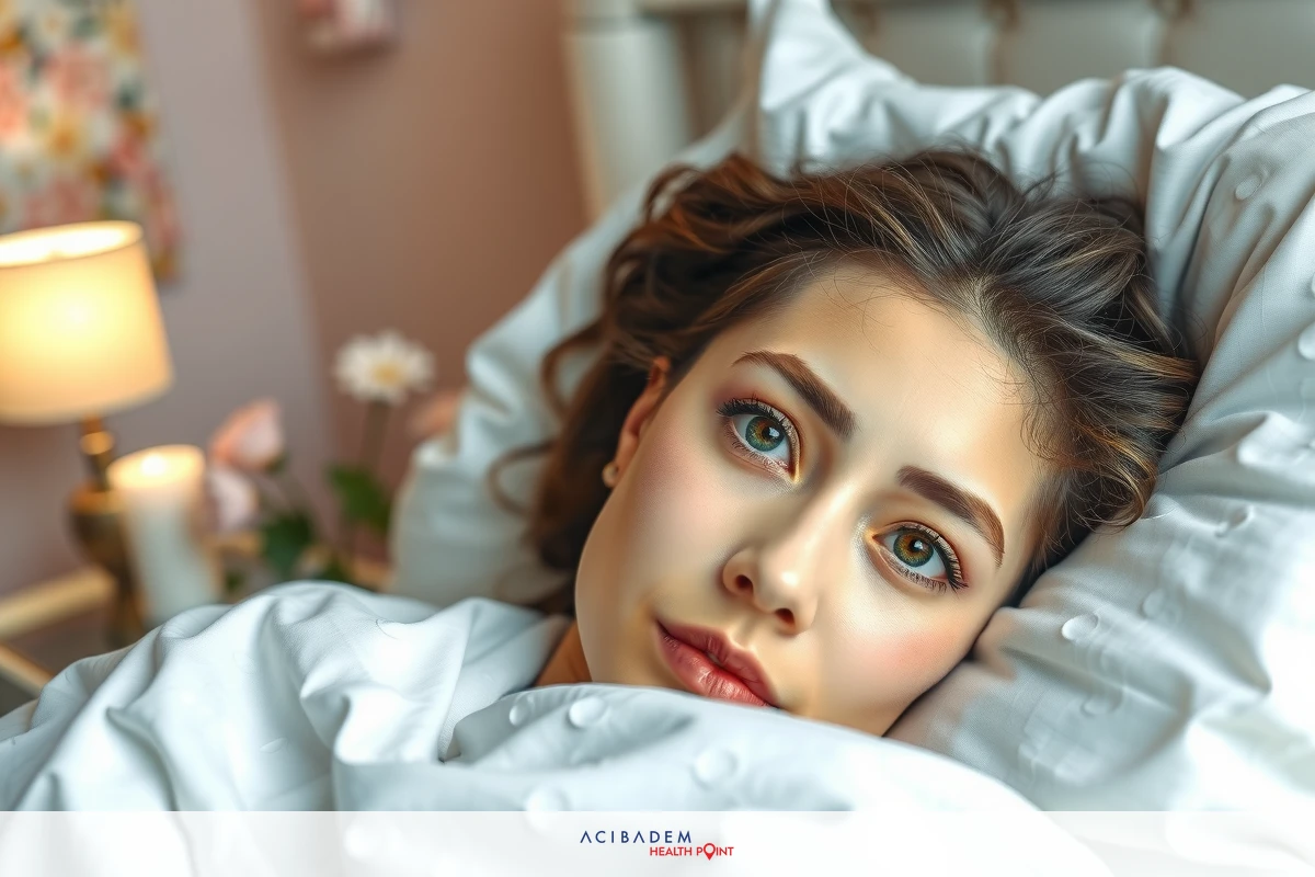 This is an image of a person lying down, possibly resting or sleeping. The individual has long hair and makeup that includes prominent eyeliner. There's a blurred background with soft lighting and what appears to be a flower on the left side. The overall mood of the image is serene and calm.