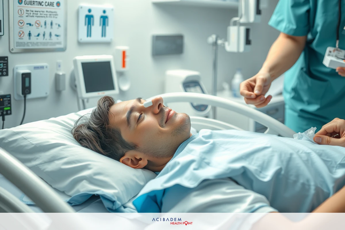 A male patient lying in a hospital bed with medical equipment around him. There is a healthcare professional attending to the patient, who appears to be a nurse or doctor.
