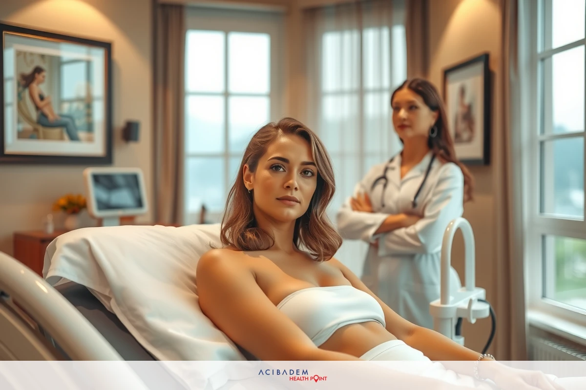 The image shows a woman lying on a medical table in what appears to be an examination or treatment setting. Another person, possibly a doctor or nurse, stands next to the table observing her condition or about to perform a procedure.