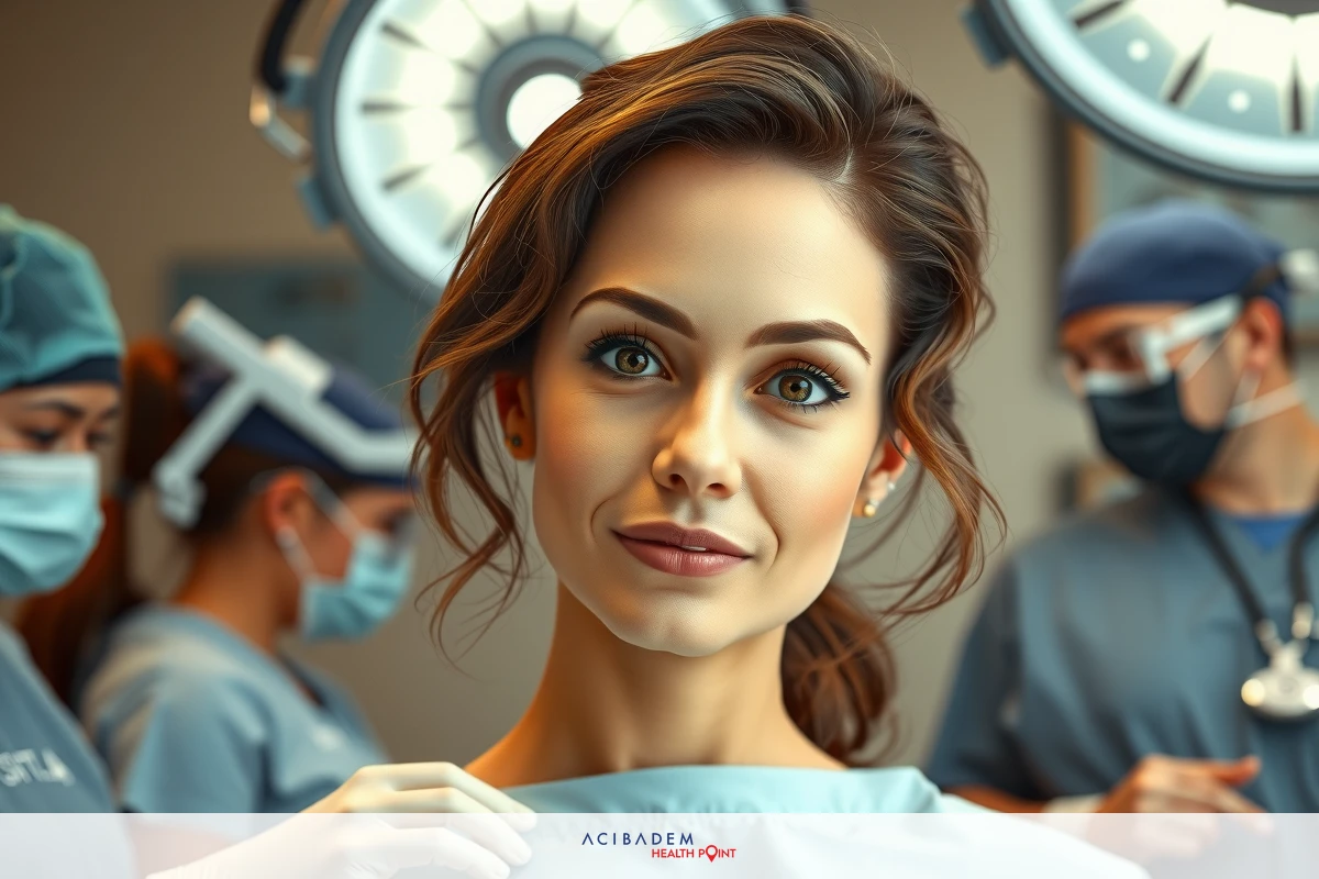 In a busy hospital setting, the beautiful face of a young woman takes center stage. She's surrounded by medical professionals in scrubs. The atmosphere suggests urgency yet calm, as everyone focuses on their respective tasks.