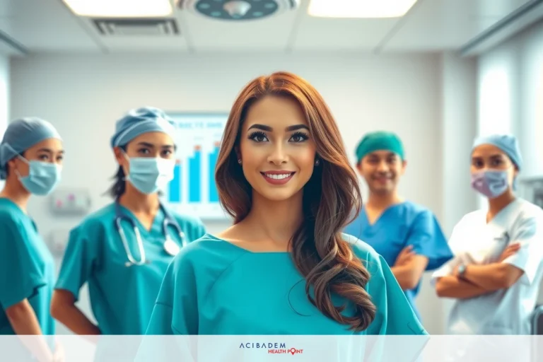 The image features a professional medical setting with a woman, presumably a doctor or nurse, at the center. She is smiling and posing for the photo, surrounded by other healthcare professionals. The environment suggests a modern hospital interior, with clinical white walls and well-lit spaces.