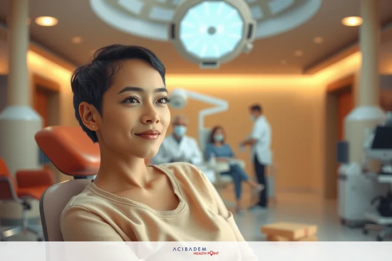 How Much is Plastic Surgery for Nose in Canada? A woman sits in a chair. She is smiling, looking off to the side with a slight head tilt. There are other people around her who appear to be engaged. The office has modern decor and equipment. She seems relaxed and possibly waiting for an appointment.