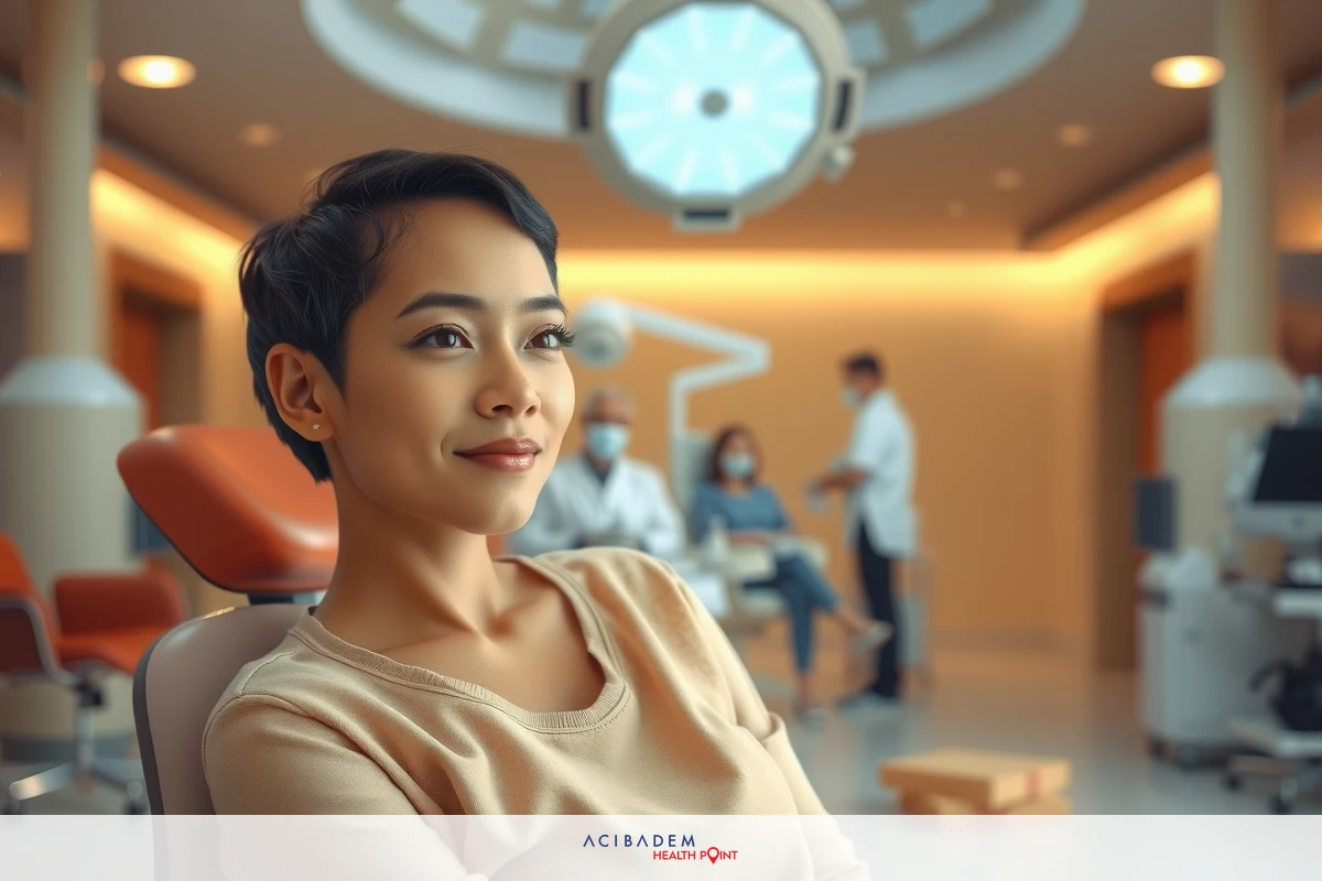 A woman sits in a chair. She is smiling, looking off to the side with a slight head tilt. There are other people around her who appear to be engaged. The office has modern decor and equipment. She seems relaxed and possibly waiting for an appointment.
