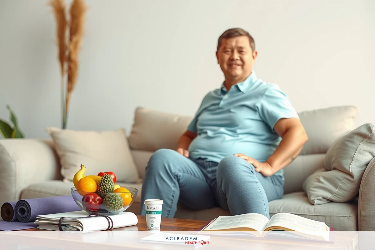 A middle-aged man sitting comfortably on a couch in a modern living room. He appears relaxed, wearing casual clothes. There are various objects on the coffee table nearby, such as books and a bowl, suggesting a relaxed or intellectual atmosphere.