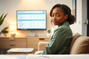 The image depicts a young woman seated on a couch in an indoor setting, possibly a living room or a home office. She appears to be focused on something out of frame, looking away from the camera with a neutral expression. The room has a modern feel, with clean lines and minimal decorations.