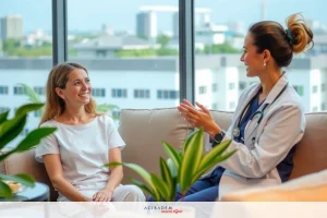 Two women, one in a medical uniform and the other in a white t-shirt, are sitting on a couch. One woman is smiling and the other appears to be talking. They are in an office environment with natural light coming from the windows.