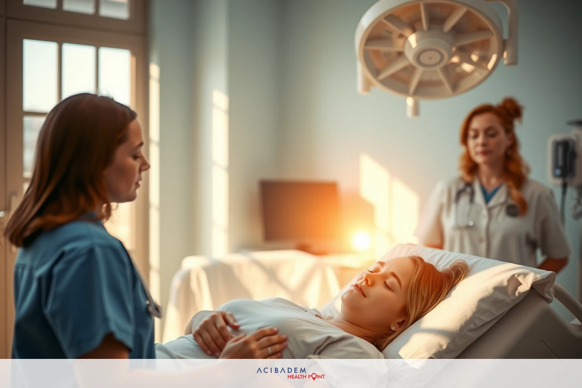 This image depicts a hospital setting with two nurses attending to a patient lying on a bed. The environment is clinical, featuring medical equipment and lighting that suggests an indoor healthcare facility. One nurse is standing over the patient, who appears to be receiving care or monitoring, while the other nurse stands at the foot of the bed. Their expressions are focused, indicating professionalism and attentiveness to their tasks.