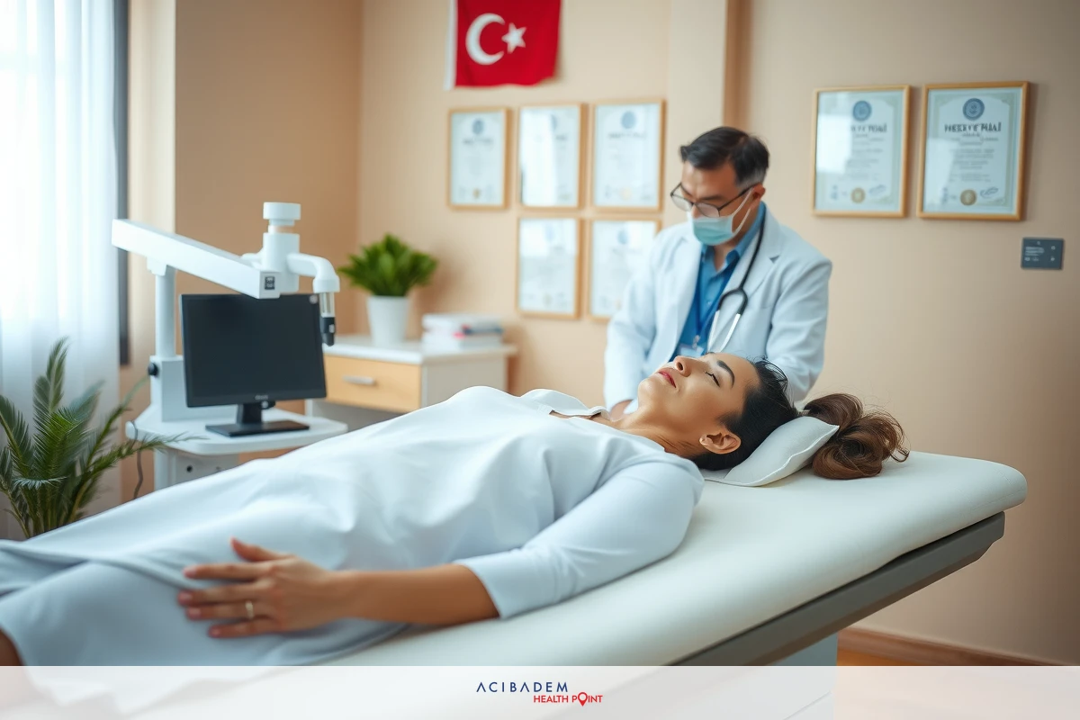 A medical professional performing an examination on a patient lying on a bed in an examination room. The environment is clean and organized, with medical equipment and certificates visible.