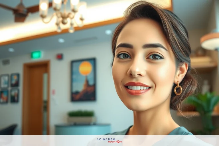 How Much is a Rhinoplasty in Colombia? The image is a portrait-oriented photograph of a young woman smiling at the camera. She appears to be in an indoor office setting, as evidenced by the desk and picture frames visible in the background. The woman has light skin, is wearing makeup, including lipstick, and her hair is pulled back into a neat hairstyle.