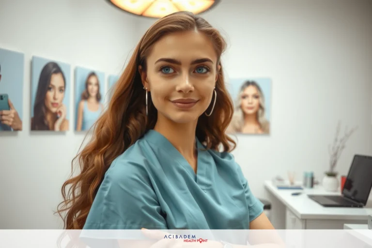 A young, long-haired woman wearing a blue scrub. She is seated at a desk with computers and photos of women's faces on the wall behind her.