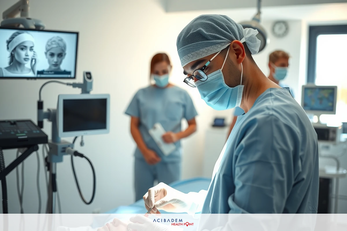 In the image, a group of medical professionals in surgical gear are standing around a patient on a hospital bed. One doctor is seen performing a procedure, focusing intently on the task at hand while wearing a mask and scrubs for sterility.