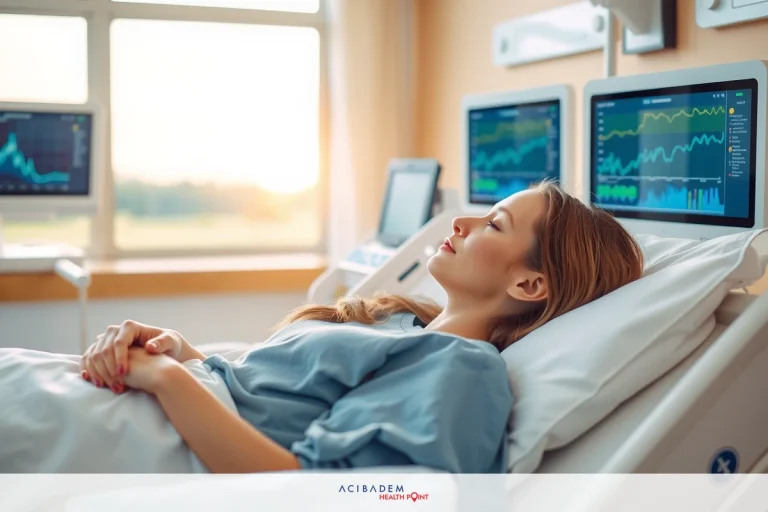 The image portrays a female patient lying in a hospital bed, wearing a medical gown. There are multiple monitors displaying various medical data around her bed area, indicating an intensive care unit setting. The environment is brightly lit with daylight coming through a window on the left side of the frame.