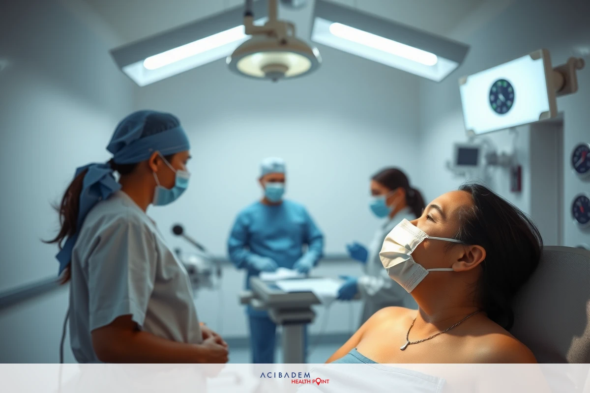 A woman is lying on an operating table in a well-lit hospital room. Medical professionals, including a surgeon and a nurse, are gathered around her during a medical procedure or consultation.