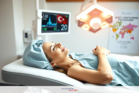 Leg Liposuction Cost in Turkey The image features a person lying on a hospital bed with medical equipment around them. The room has clinical lighting, and there are monitors displaying vital signs of the patient. The individual is dressed in medical attire typical for a hospital setting.