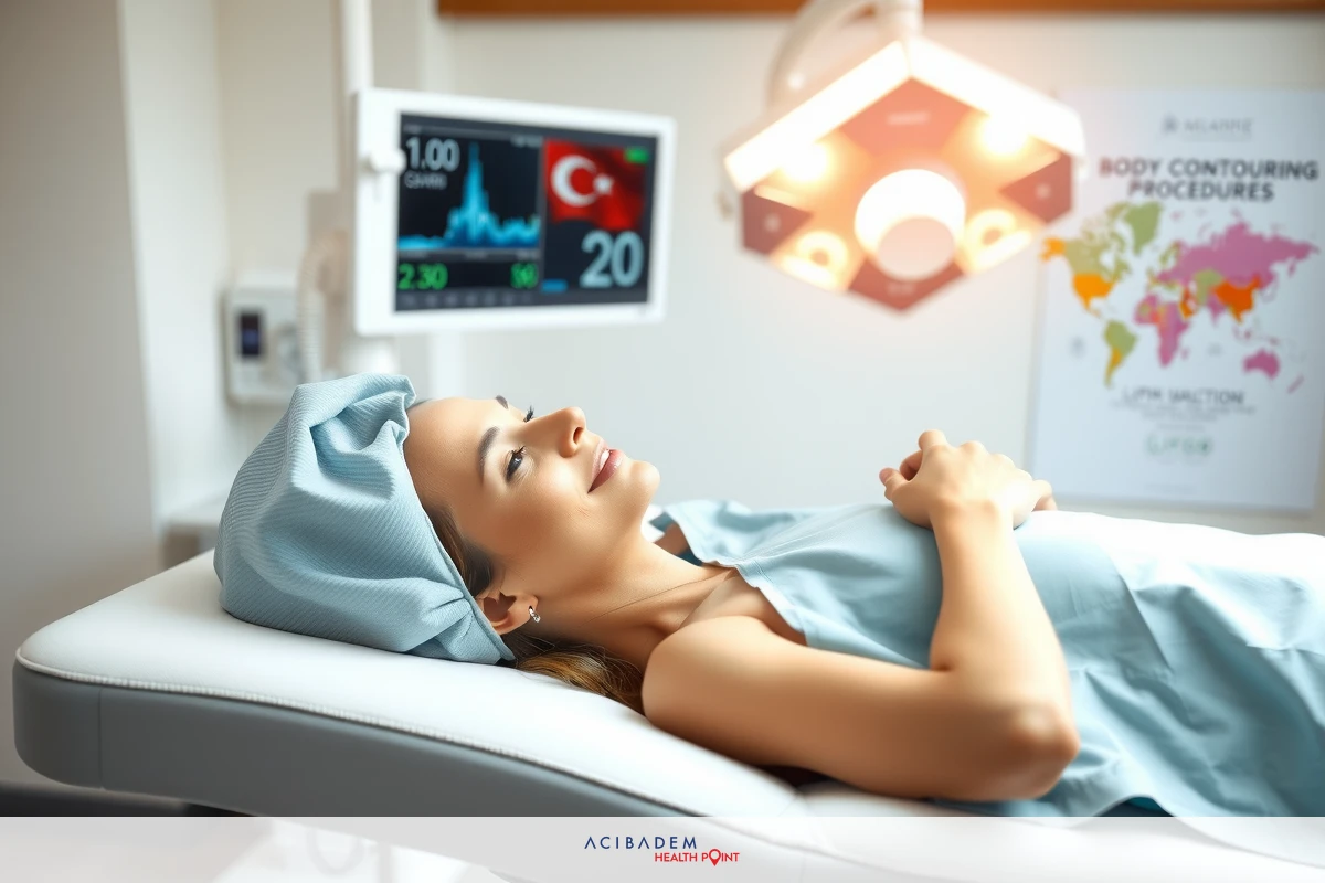 The image features a person lying on a hospital bed with medical equipment around them. The room has clinical lighting, and there are monitors displaying vital signs of the patient. The individual is dressed in medical attire typical for a hospital setting.