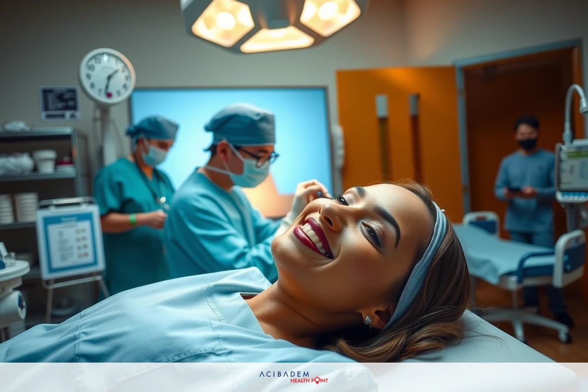 A cheerful woman in a medical setting, smiling and laughing as she is being operated on. She is lying on a hospital bed surrounded by surgical staff.