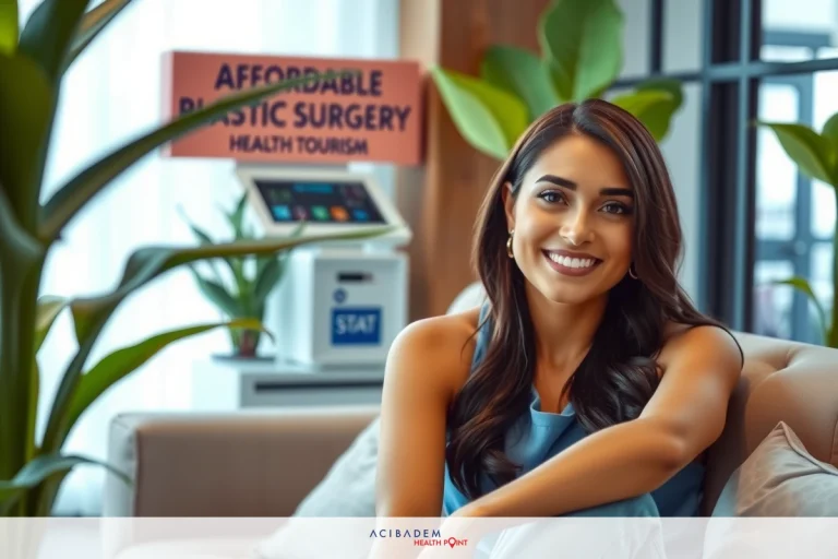 Face Plastic Surgery Cost in Turkey A woman sits in a modern, colorful office environment. She has dark hair and is wearing a blue top. In the background, there are potted plants and a sign indicating 'Affordable Plastic Surgery Health Tourism'.