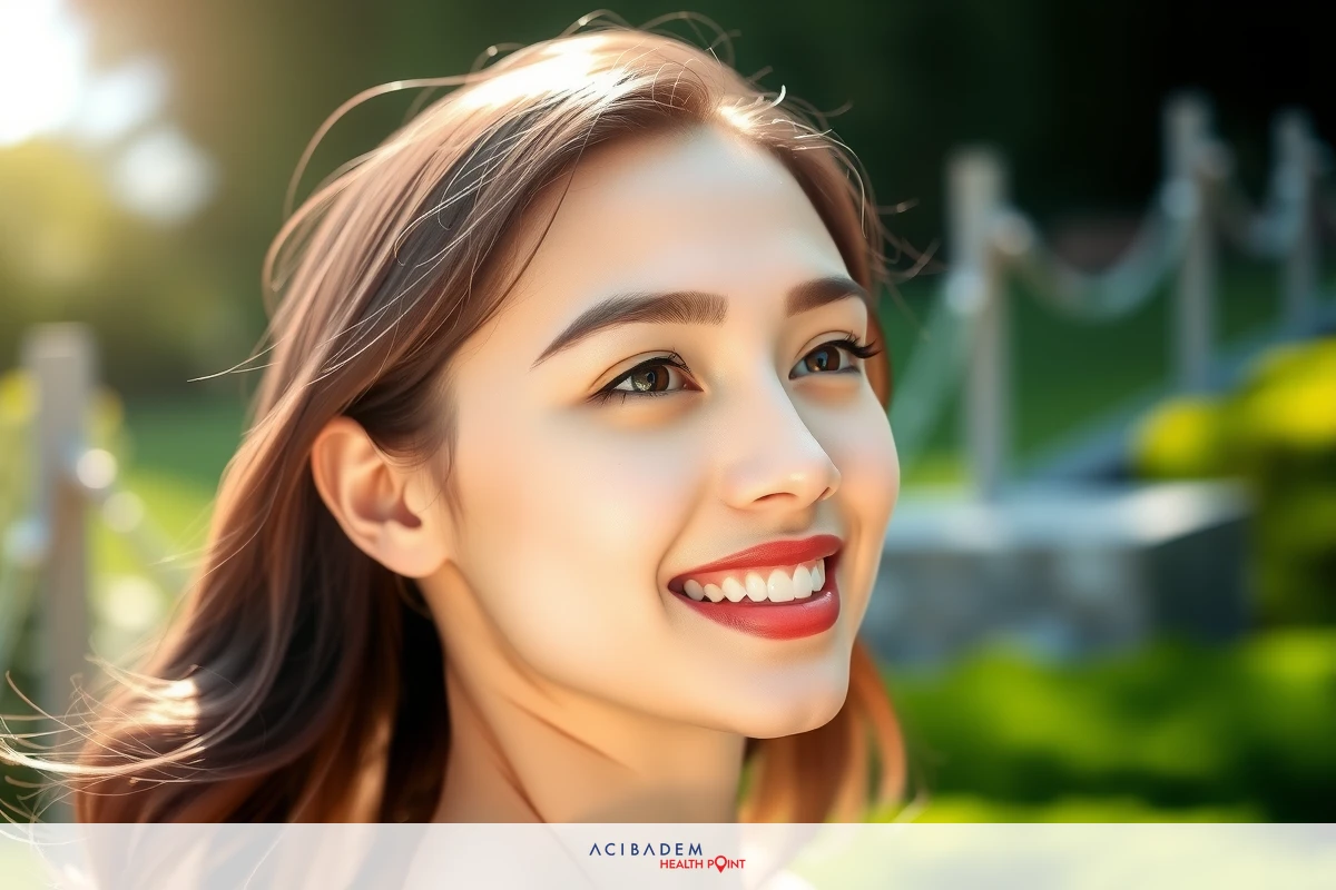 The image features a young woman outdoors in what appears to be a park or garden setting. She is smiling and looking off to the side, possibly enjoying the sunny weather. Her hair is styled with loose waves that are gently blowing in the breeze. The woman's makeup includes defined eyebrows and red lipstick, which complements her light skin tone. She has a friendly demeanor and seems to be at ease.