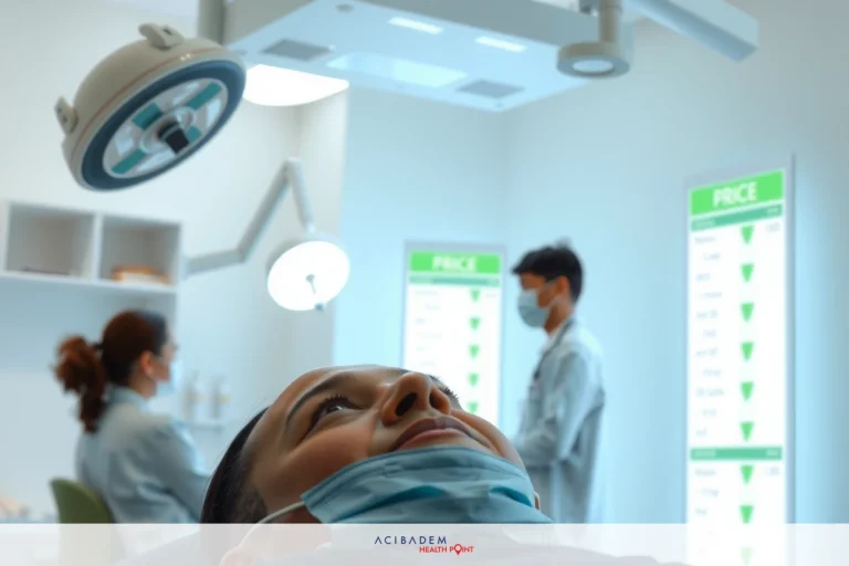 In an operating room, a patient lies on the table with medical professionals around. There's a large screen displaying surgical information in front of them. The environment is sterile and professional.