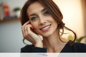 A woman smiling. She has brown hair, is wearing a dark top, and is in an indoor setting with a blurred background.