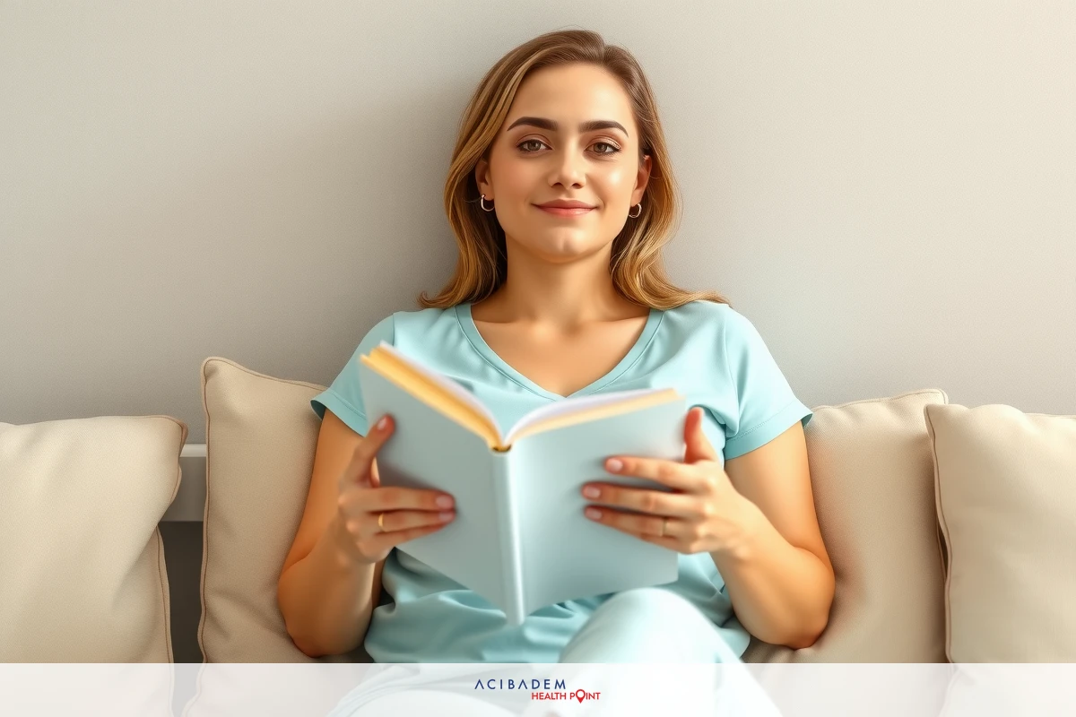 The image features a woman wearing scrubs, sitting on a couch and reading a book. She is in a cozy environment, possibly at home or in a personal library. The colors are warm, with the woman's clothing suggesting comfort and relaxation, while the book implies leisurely reading.
