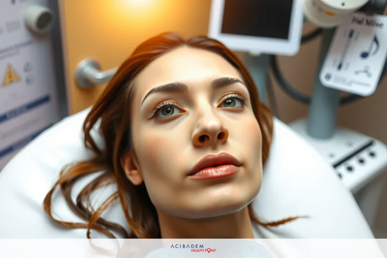 A woman with brown hair, lying on a hospital bed with medical equipment surrounding her. She is wearing a blue medical gown and appears to be receiving some form of treatment or monitoring.