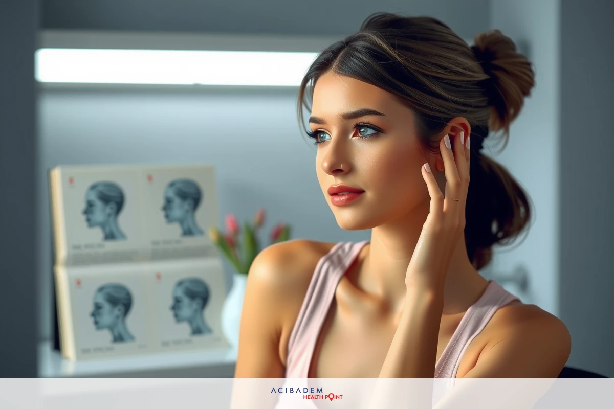 The image features a woman sitting in an office environment. Her attire consists of a sleeveless top with a pinkish hue. The background suggests a professional setting with books and a desk lamp visible.