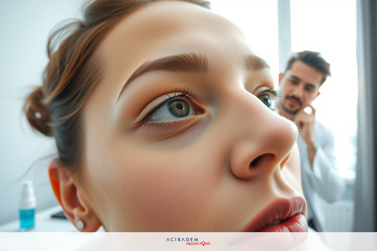 In the image, a woman with her eyes wide open is in focus. She appears to be looking at something off-camera, possibly in the direction of another person who seems to be standing further away.