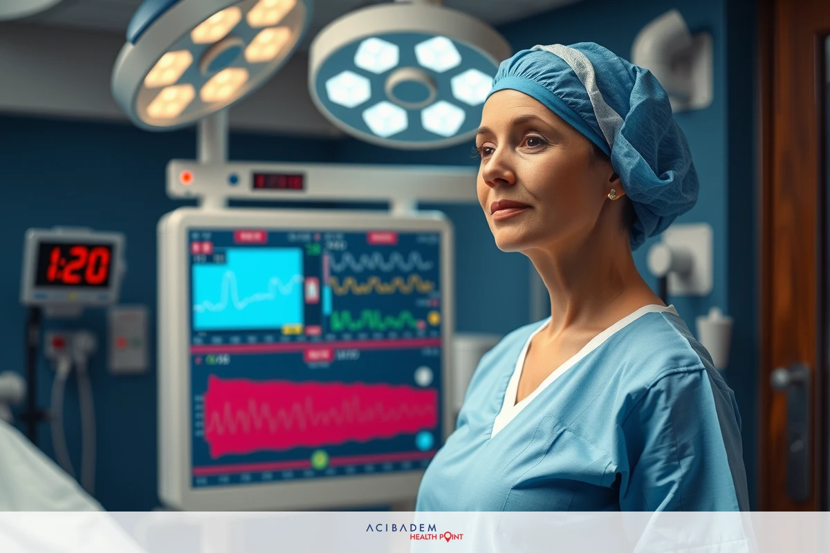 Woman surgeon in sterile environment. She's wearing surgical scrubs and standing next to medical equipment.
