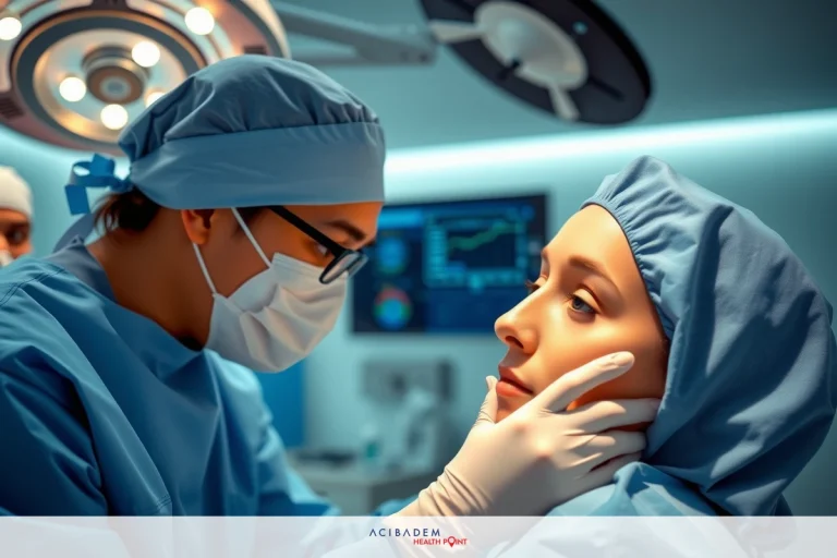 The image depicts a medical setting, likely in an operating room or an intensive care unit. Two healthcare professionals are attentively interacting with a patient who is hooked up to various pieces of medical equipment. One of the professionals appears to be performing a procedure on the patient's face while holding their head still with one hand. The environment has sterile surfaces and equipment indicative of a high-stakes, clinical environment.