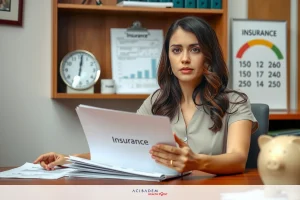 A woman in a corporate office setting, dressed in business attire. She is looking at and handling papers and documents on her desk.