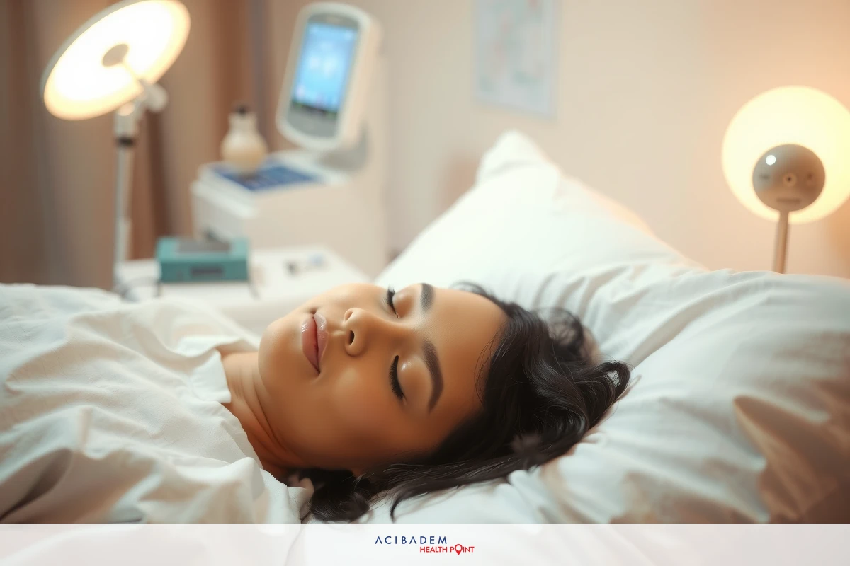 Sleeping woman in hospital bed. She is relaxed with eyes closed, likely under medical care. The setting suggests a calm and professional environment.