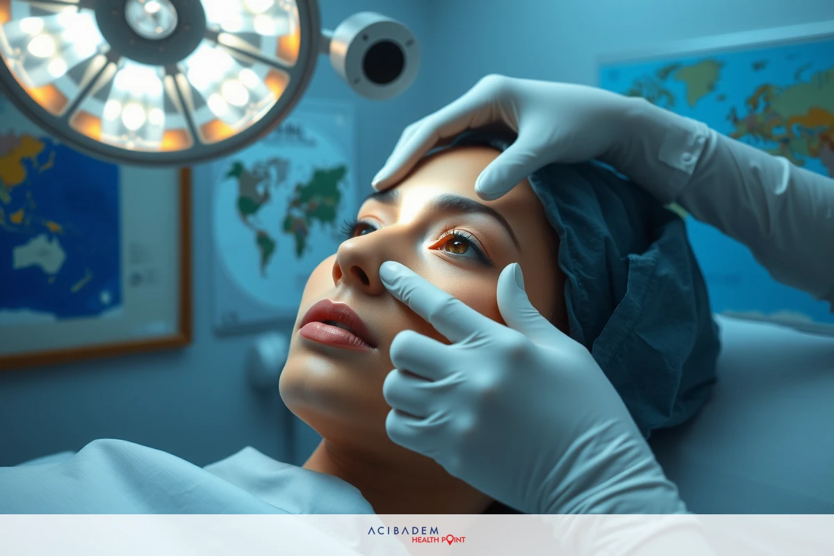 The image depicts a woman receiving medical treatment. She is seated in an examination chair and appears to be at ease. A healthcare professional is assisting her, their gloved hands gently pressing on the woman's nose.