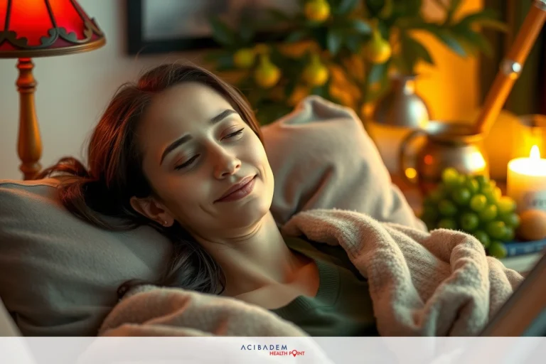 When is Rhinoplasty Fully Healed? A woman is lying in bed, seemingly asleep, with a laptop placed on her stomach. She's smiling peacefully. The room has warm lighting and a cozy ambiance.