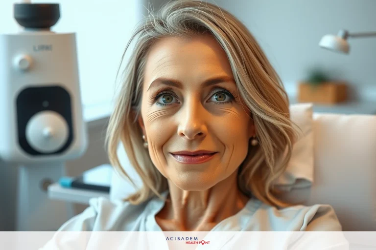 A woman sitting in a medical office setting, looking slightly off-camera with a neutral expression. The office has modern equipment and furnishings.