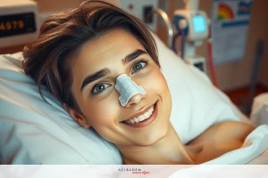 Smiling woman in hospital bed, with surgical mask on her nose. She has a cheerful demeanor, suggesting she is recovering well from medical procedure.