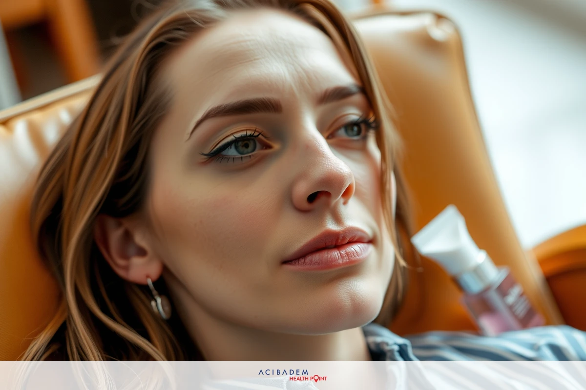 A young woman with long hair is lying down in a room, wearing a white top. She appears to be resting or possibly feeling unwell as she has her hand near her face and seems distressed. The room has a neutral color palette with light brown tones.