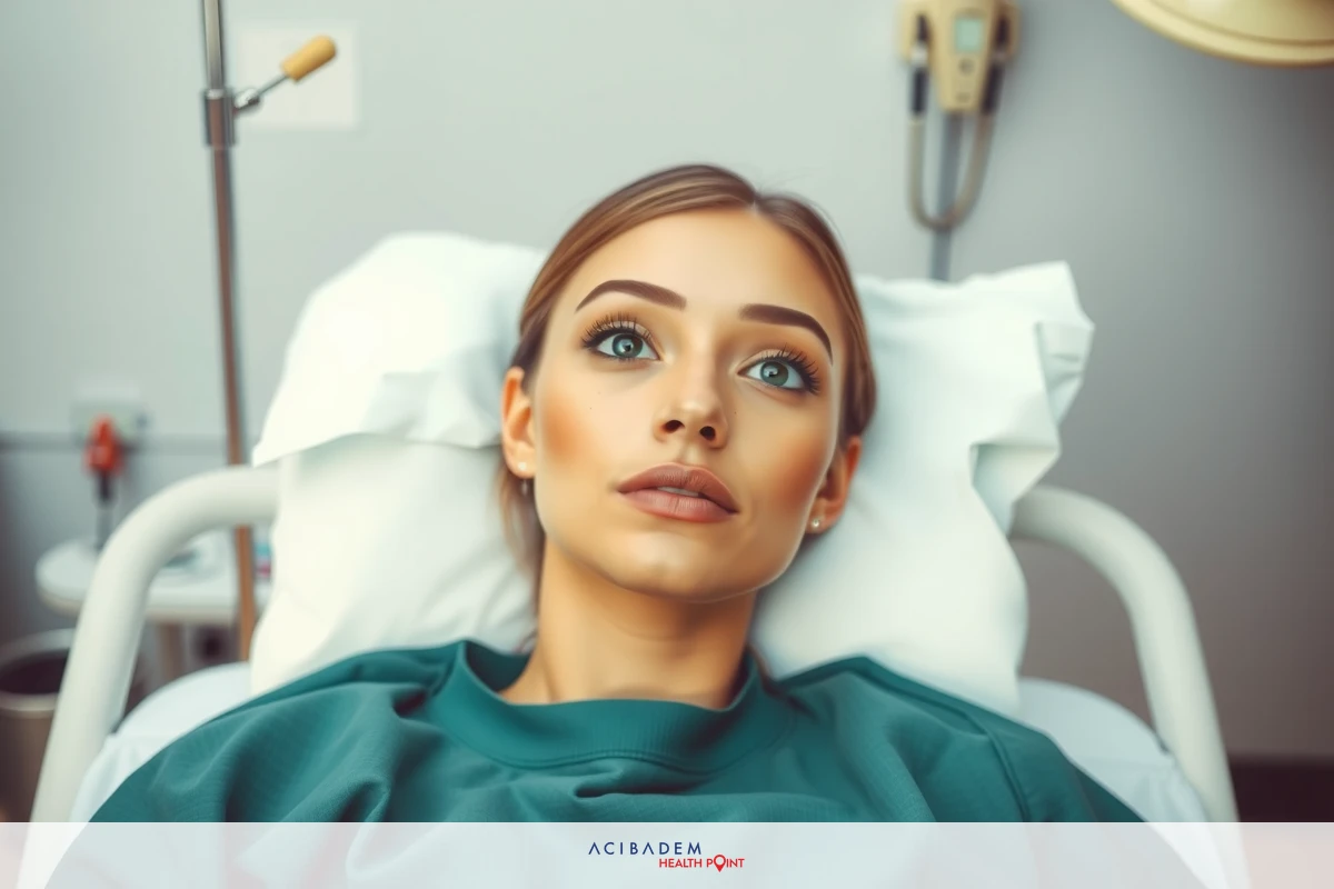 The image shows a woman lying on an examination table in what appears to be a medical setting. She is wearing a green medical gown. There are various pieces of medical equipment visible around her.
